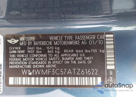 2010 Mini Cooper z USA, uszkodzony, nr VIN WMWMF3C57ATZ61622